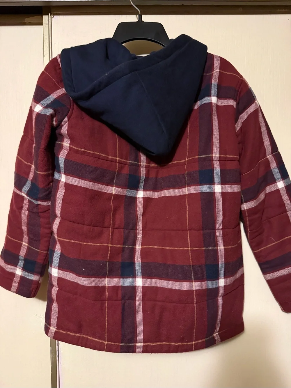 Old Navy Burgundy Plaid Hooded Puffer Jacket with Navy Hood
